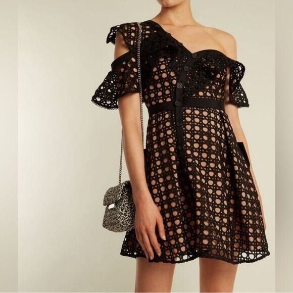 Self-Portrait Guipure Lace Frill Mini Dress Black Size 2 - Picture 1 of 15